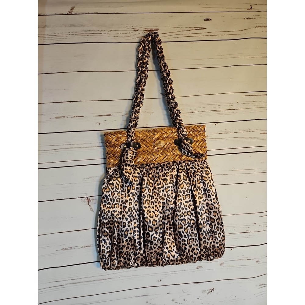Cappelli Straworld Purse Leopard Print Satin Fabric and Straw Boho Summer Bag